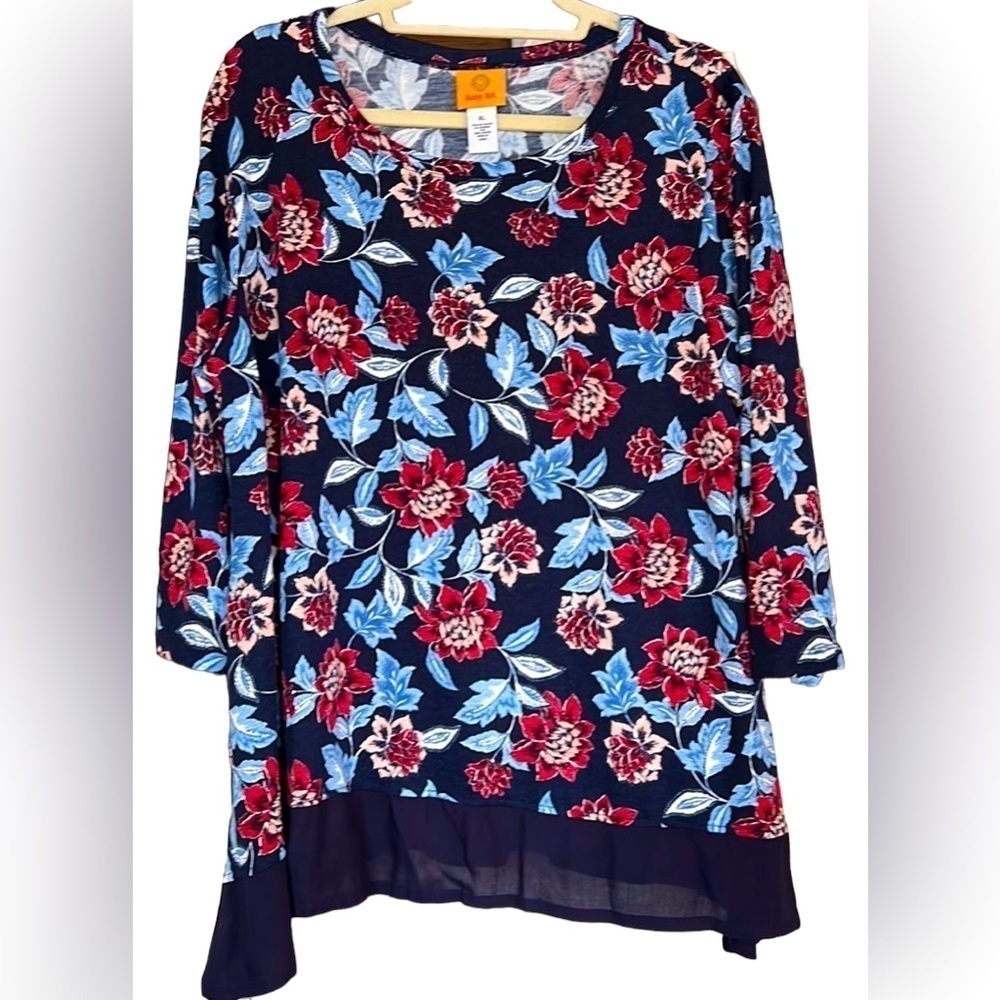 RUBY RD. Navy Blue/Burgundy/Pink/Pastel Blue Floral Peplum Top, Size XL, NWT.